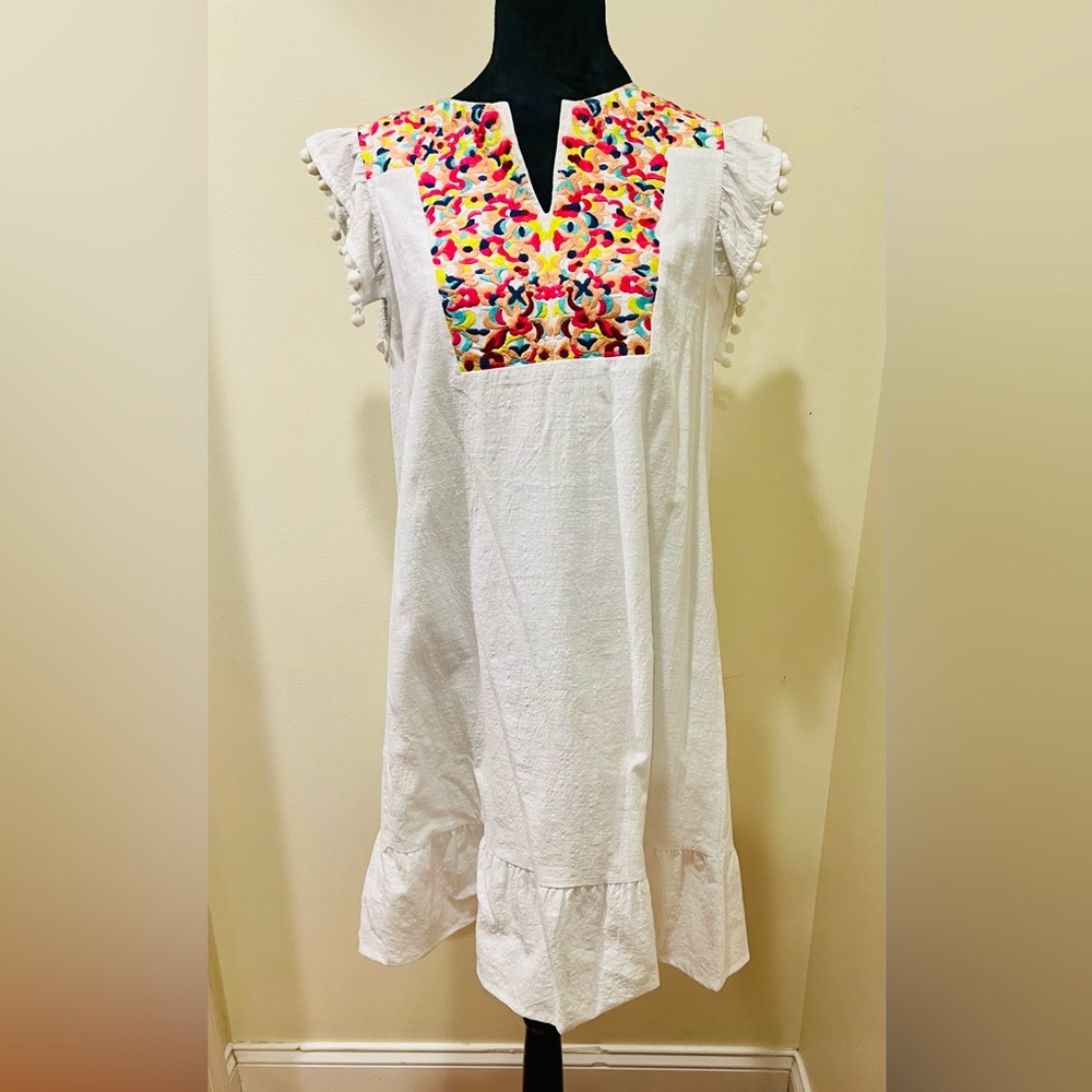 KIRUNDO Embroidered Boho Dress Pom Pom Sleeves White Medium